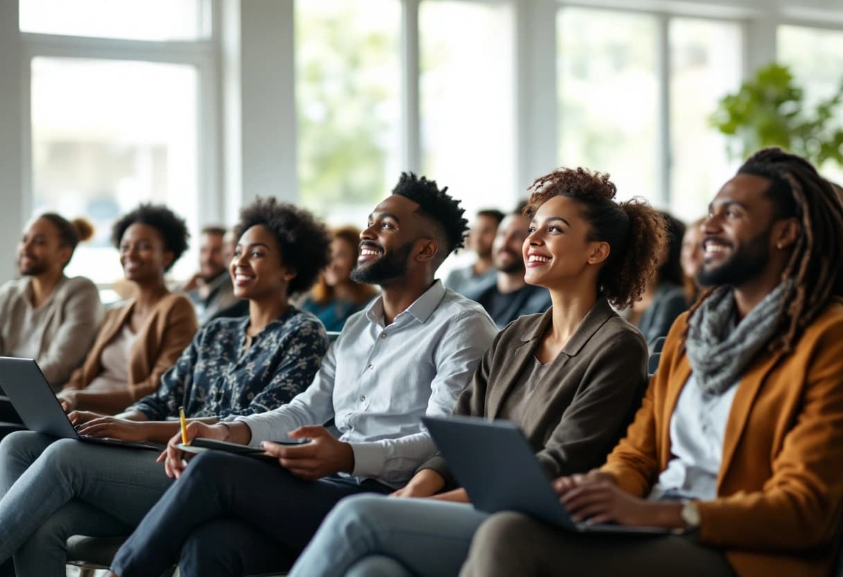 Engaged corporate audience seated in a bright conference room during a presentation
