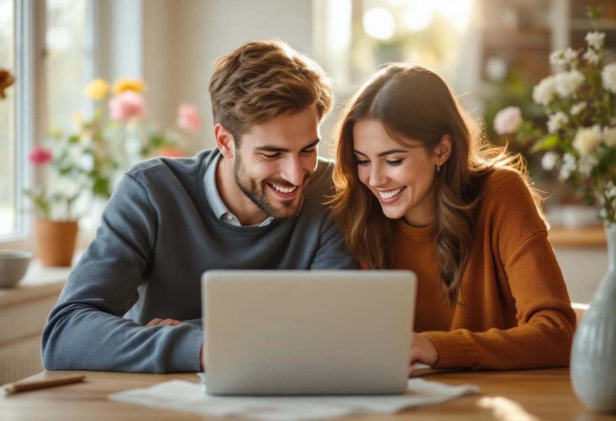 Couple checking wedding RSVP responses on a laptop at a kitchen table