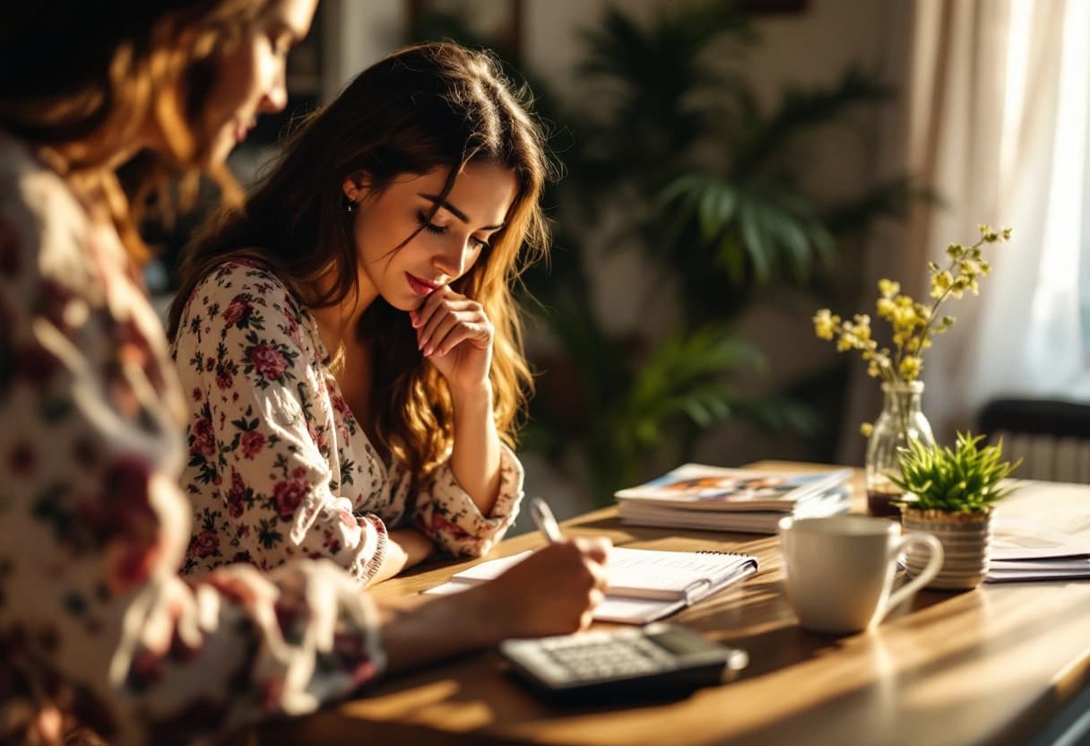 Casal calculando o custo por convidado no casamento com calculadora e lista de confirmações