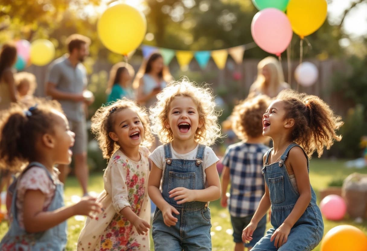 Crianças rindo e brincando com balões em uma festa de aniversário no quintal