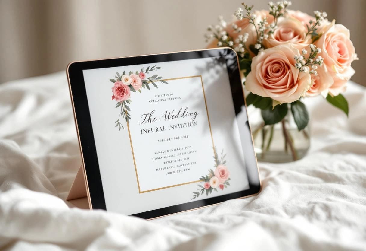 Elegant digital wedding invitation displayed on a tablet with floral design details