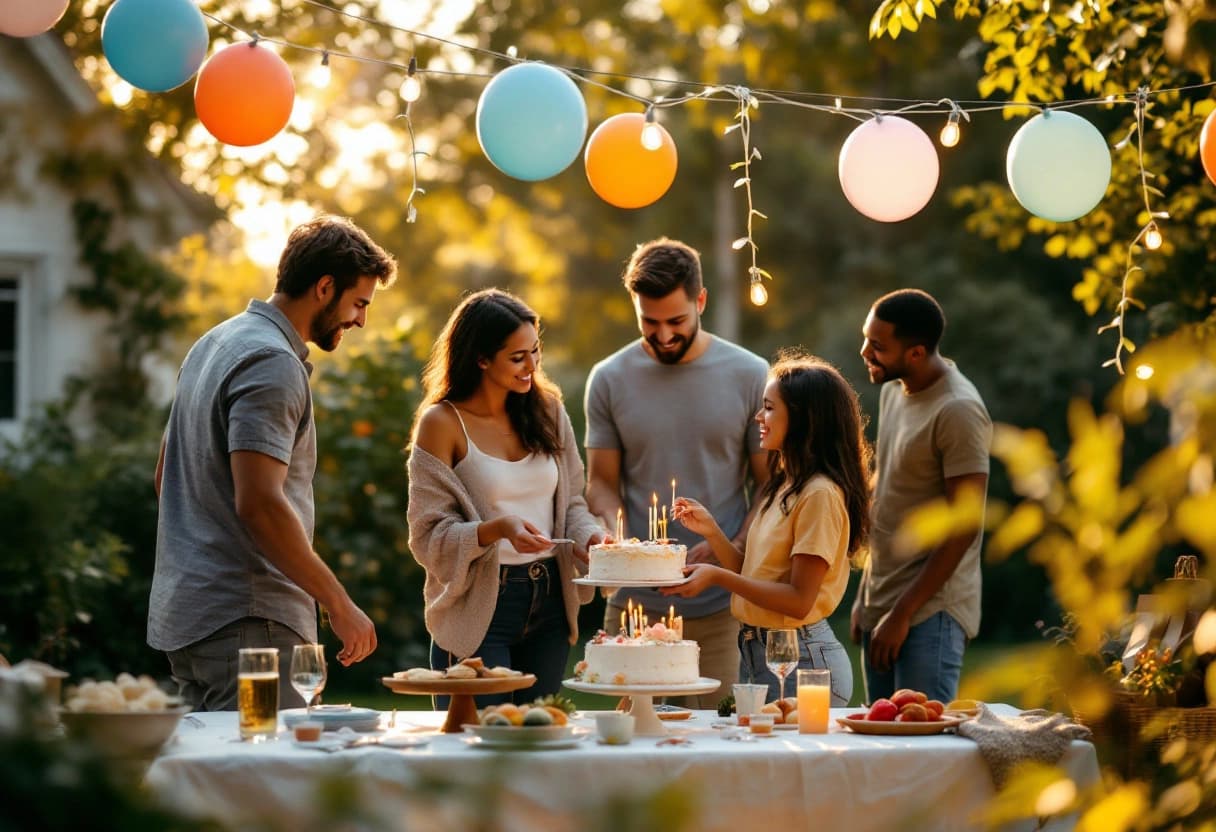 Família decorando o quintal para uma festa de aniversário com luzes e festão de balões