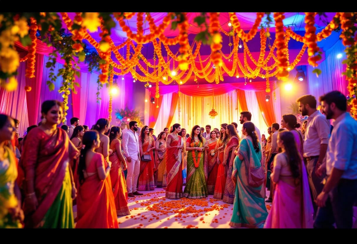 South Asian wedding guests at a vibrant Sangeet evening celebration with flowers and lights