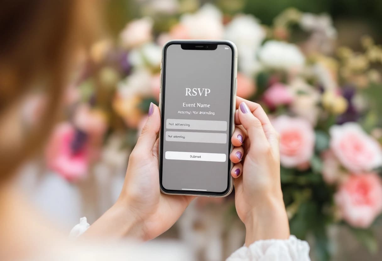 Wedding guest completing RSVP on smartphone at an outdoor venue