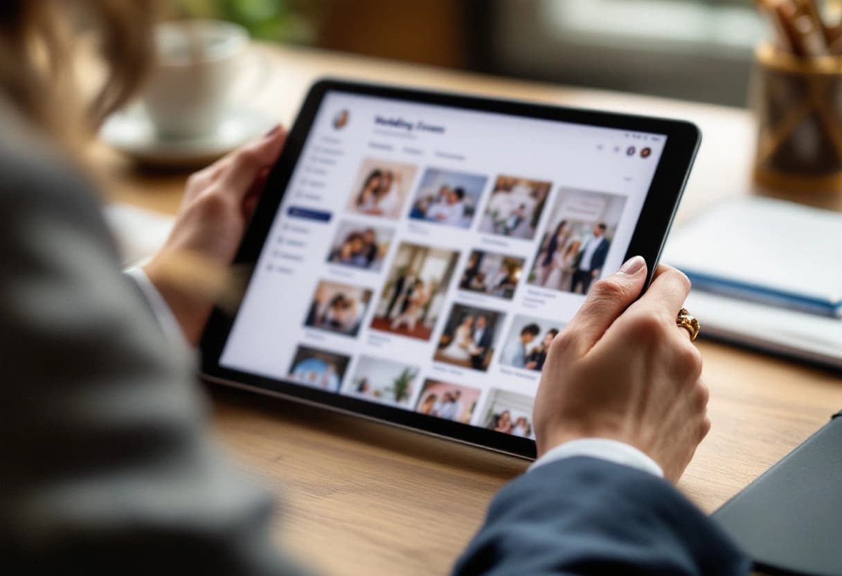 Wedding planner reviewing multi-client RSVP dashboard on tablet
