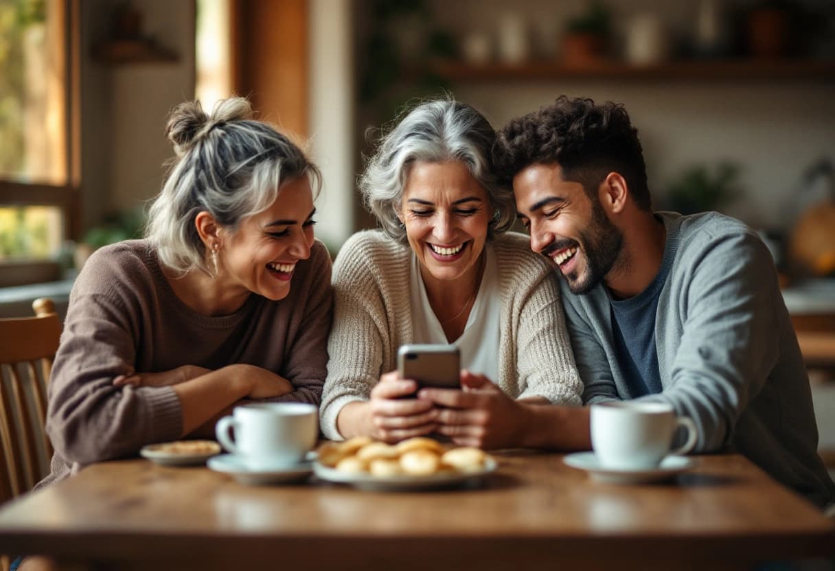 Família brasileira em volta da mesa da cozinha olhando o convite digital no celular