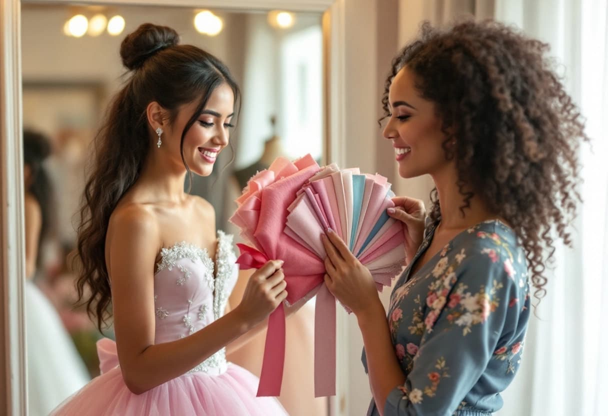 Quinceañera probándose un vestido de tul rosa pálido mientras su mamá compara muestras de tela y cintas a juego
