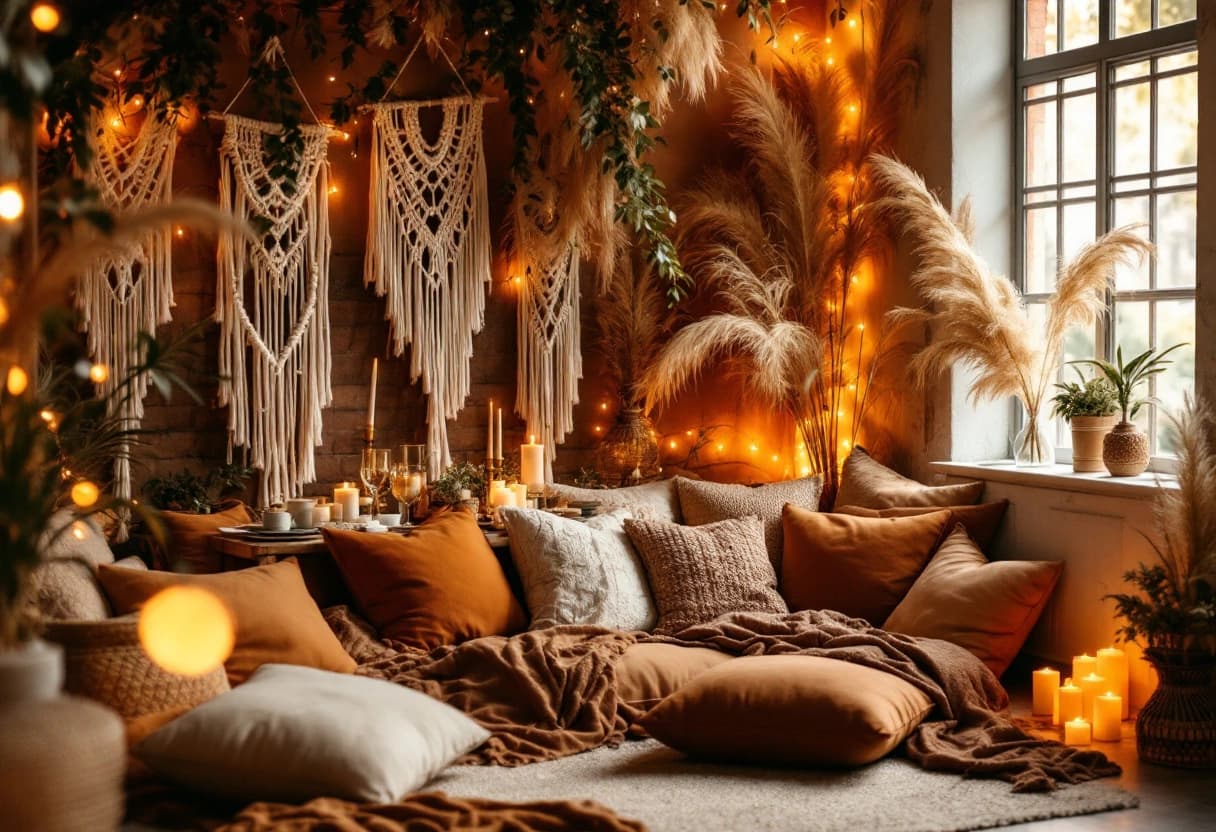 Rincón de recepción de quinceañera con decoración boho chic: macramé colgante, pampas grass y cojines en tonos terracota