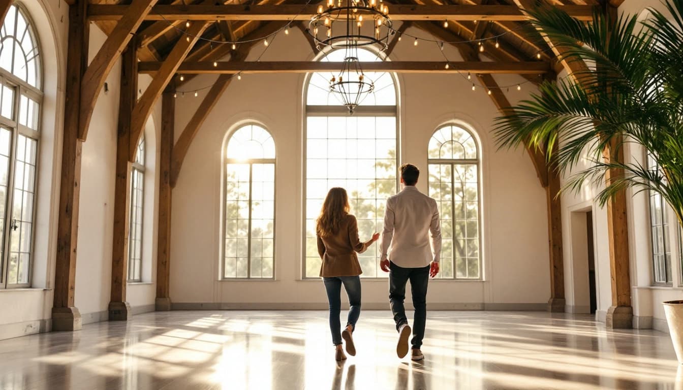 Couple touring an elegant wedding venue with string lights and tall windows during a daytime site visit