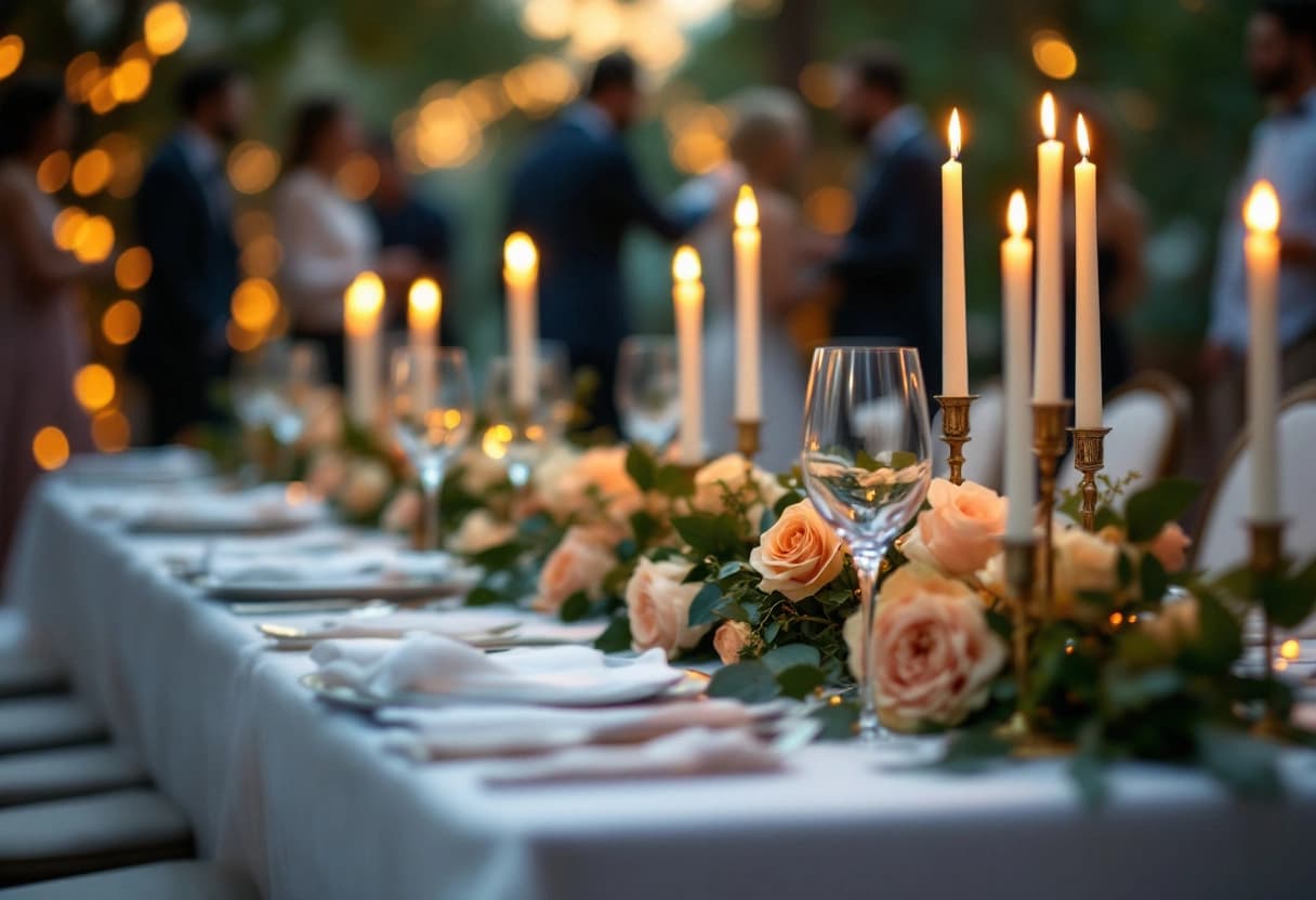 Adult birthday dinner party with elegant table setting, candles, and wine glasses