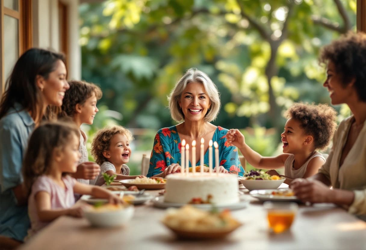 Almoço de família com várias gerações na varanda de uma chácara, comemorando os 60 anos da avó