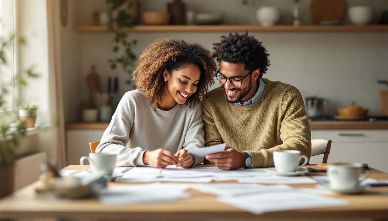 Couple reviewing wedding budget together at a kitchen table with coffee and wedding planning notes