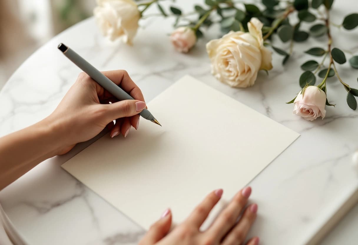 Hands resting a calligraphy pen on a blank cream baby shower invitation card beside white roses and eucalyptus