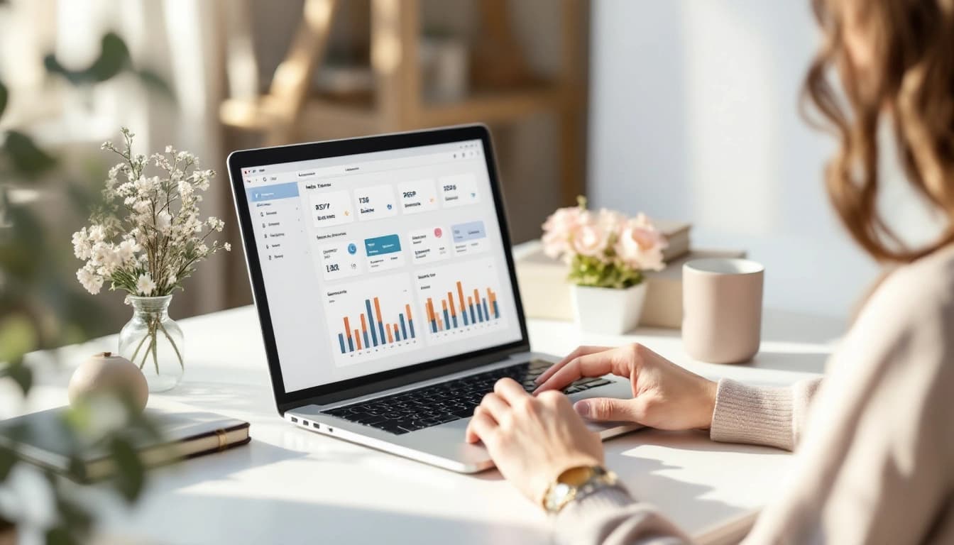 Professional wedding planner reviewing client RSVP dashboards on a laptop at a styled desk