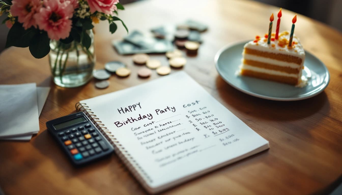 Host reviewing a birthday party budget notebook next to a decorated table with balloons and a cake