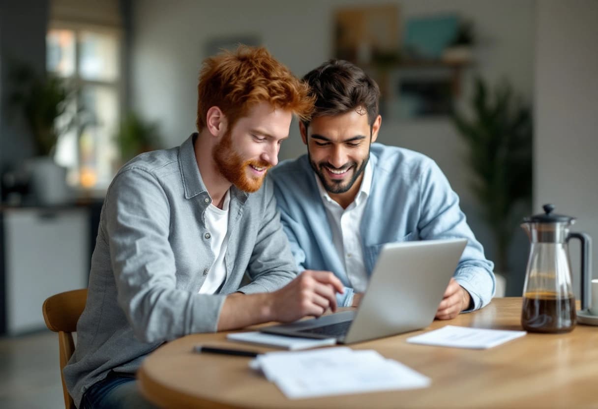 Brautpaar prüft am Esstisch gemeinsam die Zusagen zur Hochzeit auf dem Laptop, daneben Antwortkarten