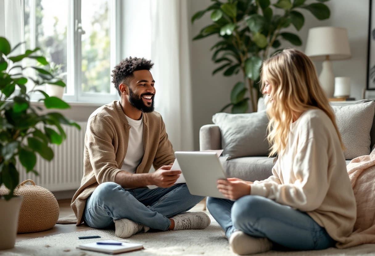 Een verloofd stel zit op de vloer met een laptop en kijkt samen de gastenlijst van hun bruiloft na