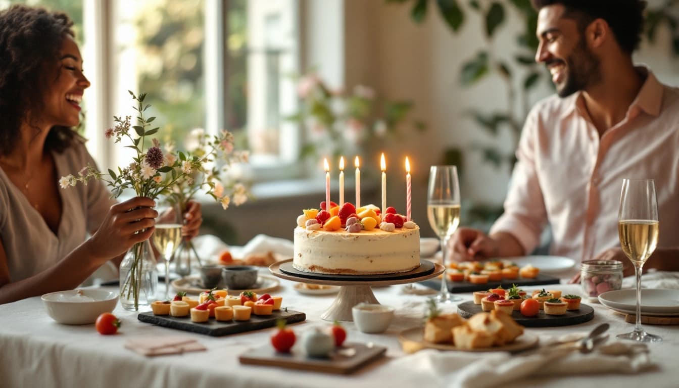 Table d'anniversaire avec gâteau, pièces de cocktail et coupes de crémant, pour calculer le budget d'une fête