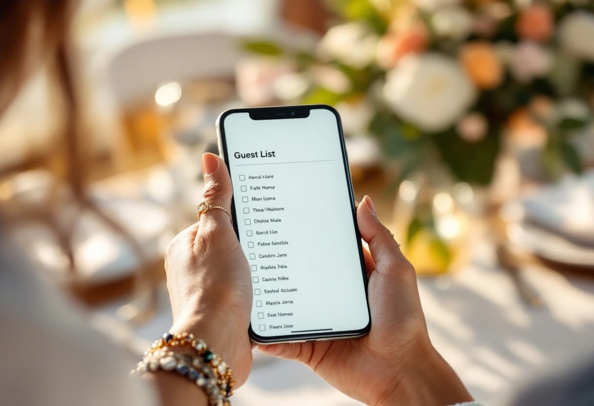Cerimonialista revisando lista de convidados no celular com interface em português