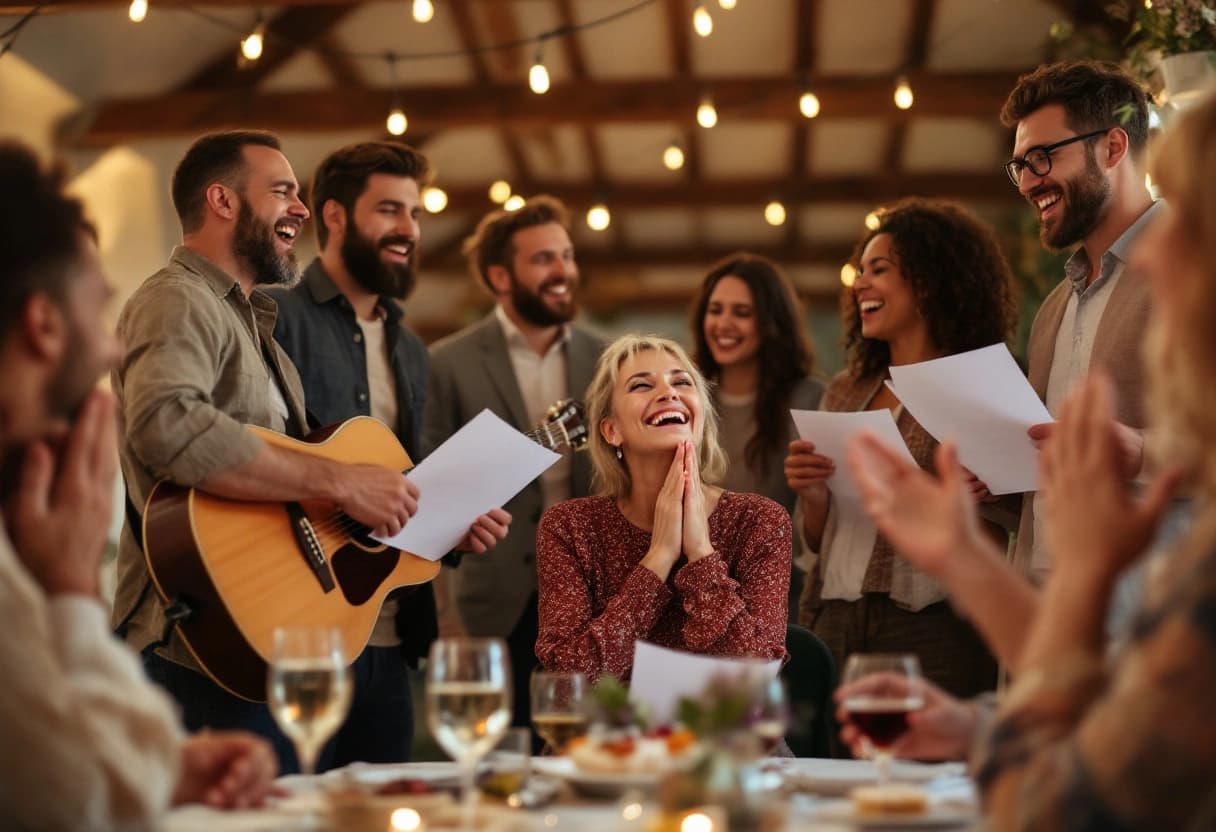 Des amis chantent une chanson détournée, l'un à la guitare, pour une femme qui rit à son anniversaire de 50 ans dans une salle des fêtes