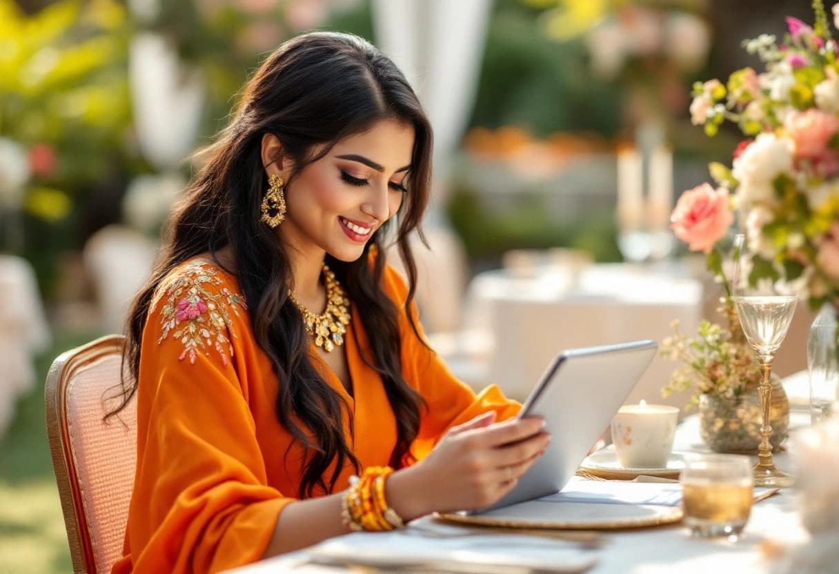 Wedding planner checking RSVP status list on a tablet at a venue