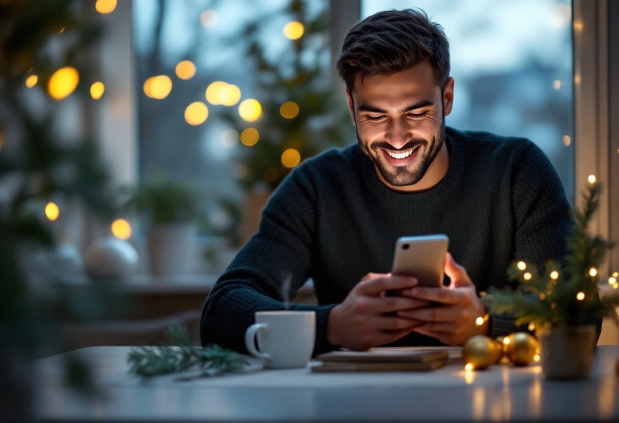 Hombre sonriente con suéter verde leyendo en el teléfono una invitación a una fiesta de Navidad, junto a una taza, una rama de pino, bolas doradas y luces