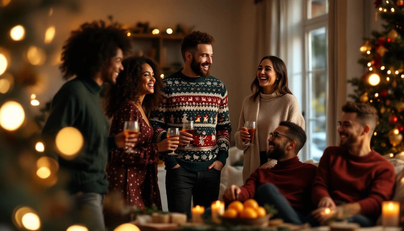 Six friends laughing with drinks beside a lit Christmas tree at a home Christmas party, one in a patterned Christmas sweater