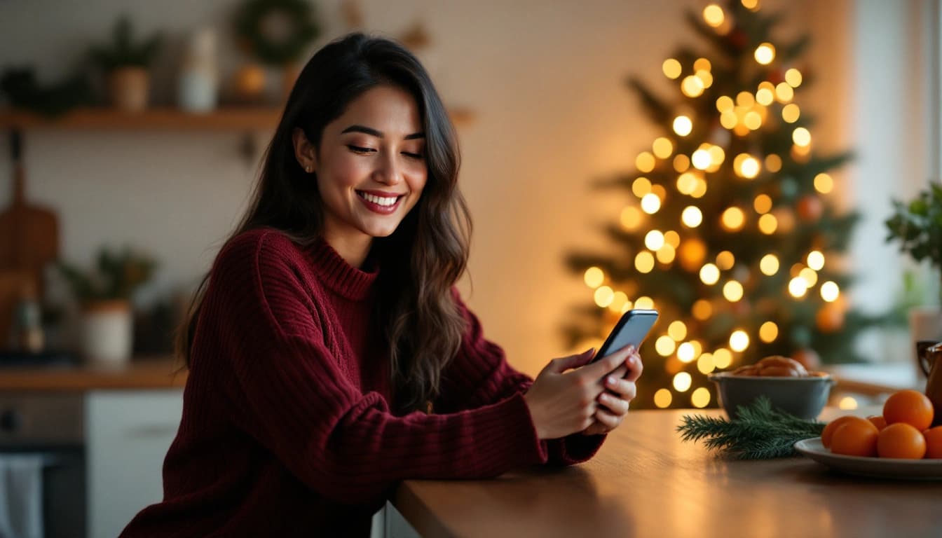 Host in a burgundy sweater smiling at Christmas party RSVPs on her phone at a kitchen island, with a lit Christmas tree behind her