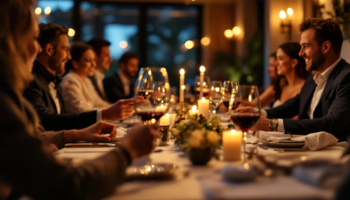 Guests raising glasses at a long candlelit table during a client appreciation dinner