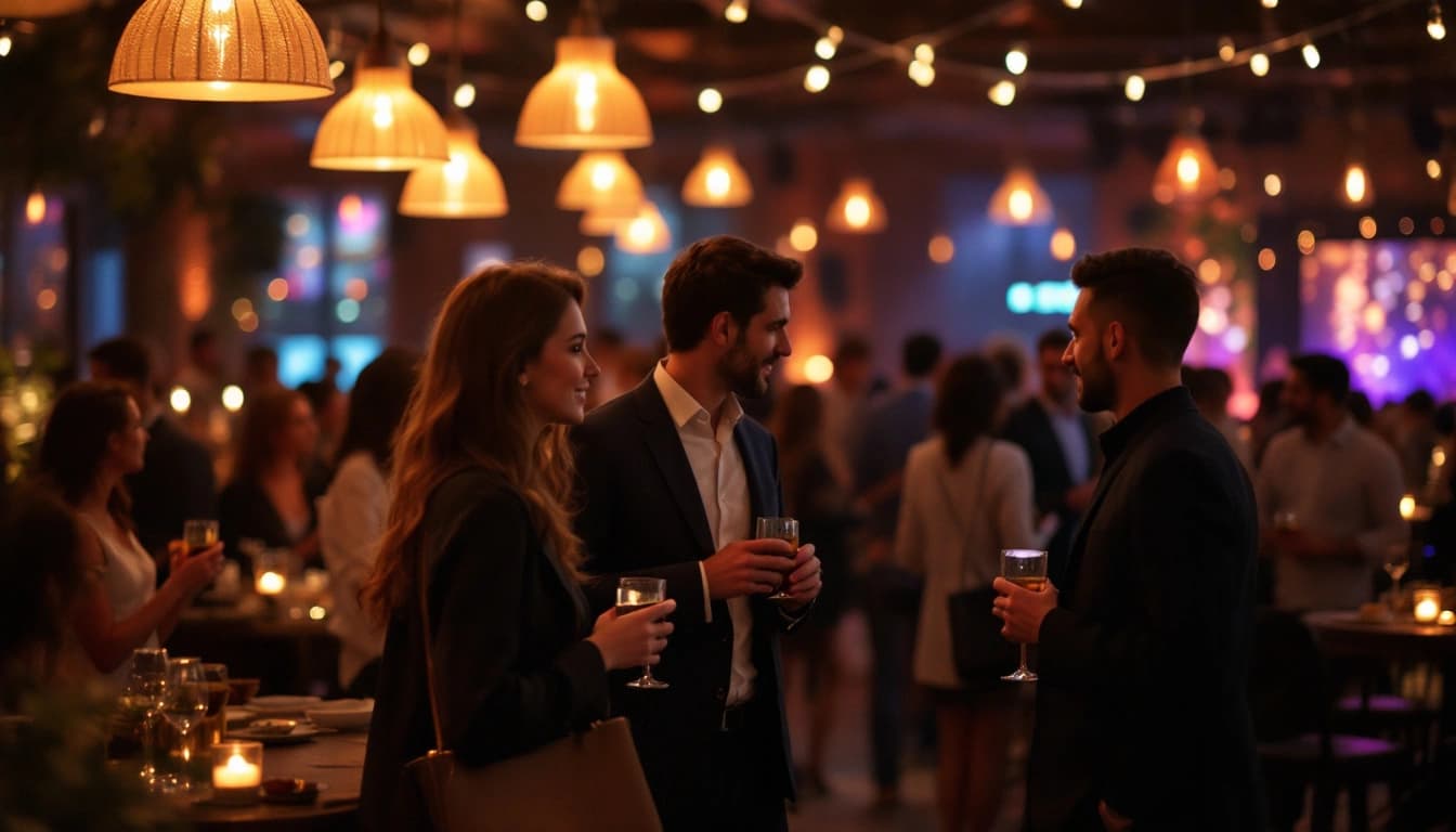 Profesionales conversando en un cóctel corporativo, ejemplo de cómo organizar un evento corporativo