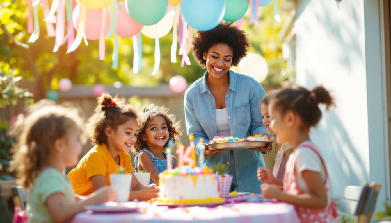 Niños celebrando alrededor de la mesa del pastel en una fiesta infantil en el patio, con globos pastel