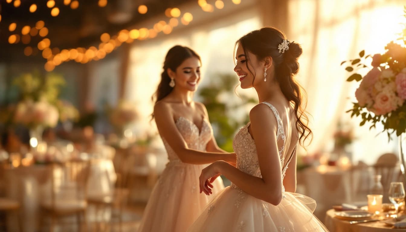 Quinceañera con vestido largo bailando el vals con su corte de chambelanes y damas en un salón decorado