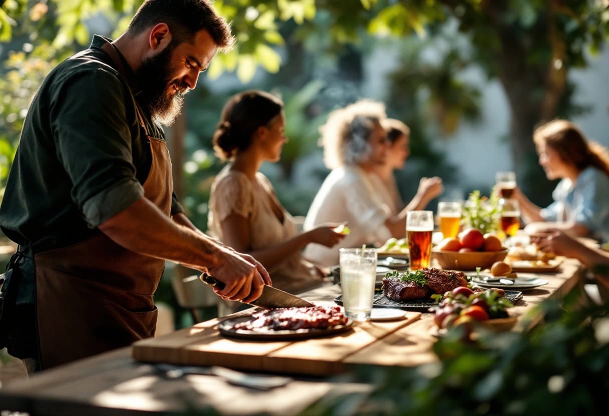 Churrasqueiro fatiando picanha em uma confraternização de empresa ao ar livre, com colegas conversando à mesa ao fundo