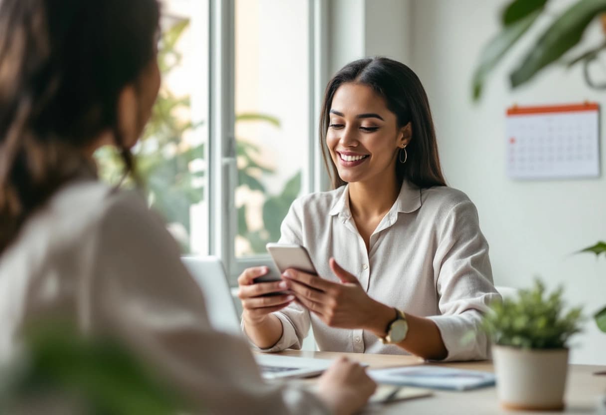 Coordenadora de RH conferindo a lista de presença da confraternização no celular, sentada à mesa do escritório