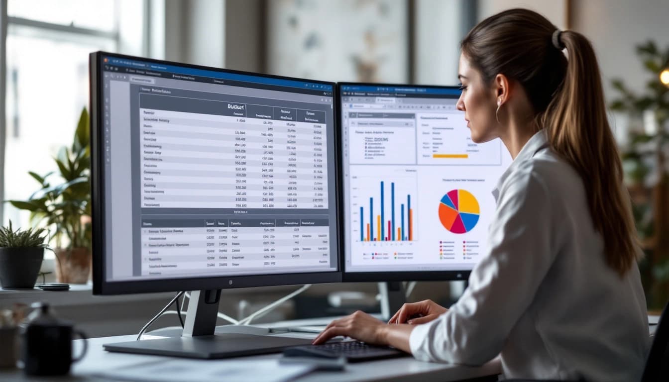 Event planner reviewing corporate event budget spreadsheet with cost breakdown charts on dual monitors