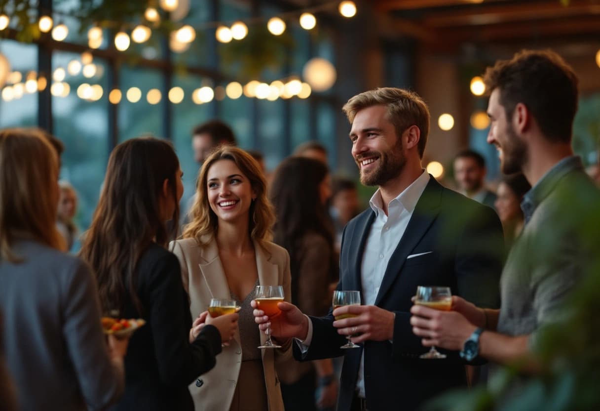 Attendees networking with drinks at a corporate evening reception in a modern venue with warm lighting