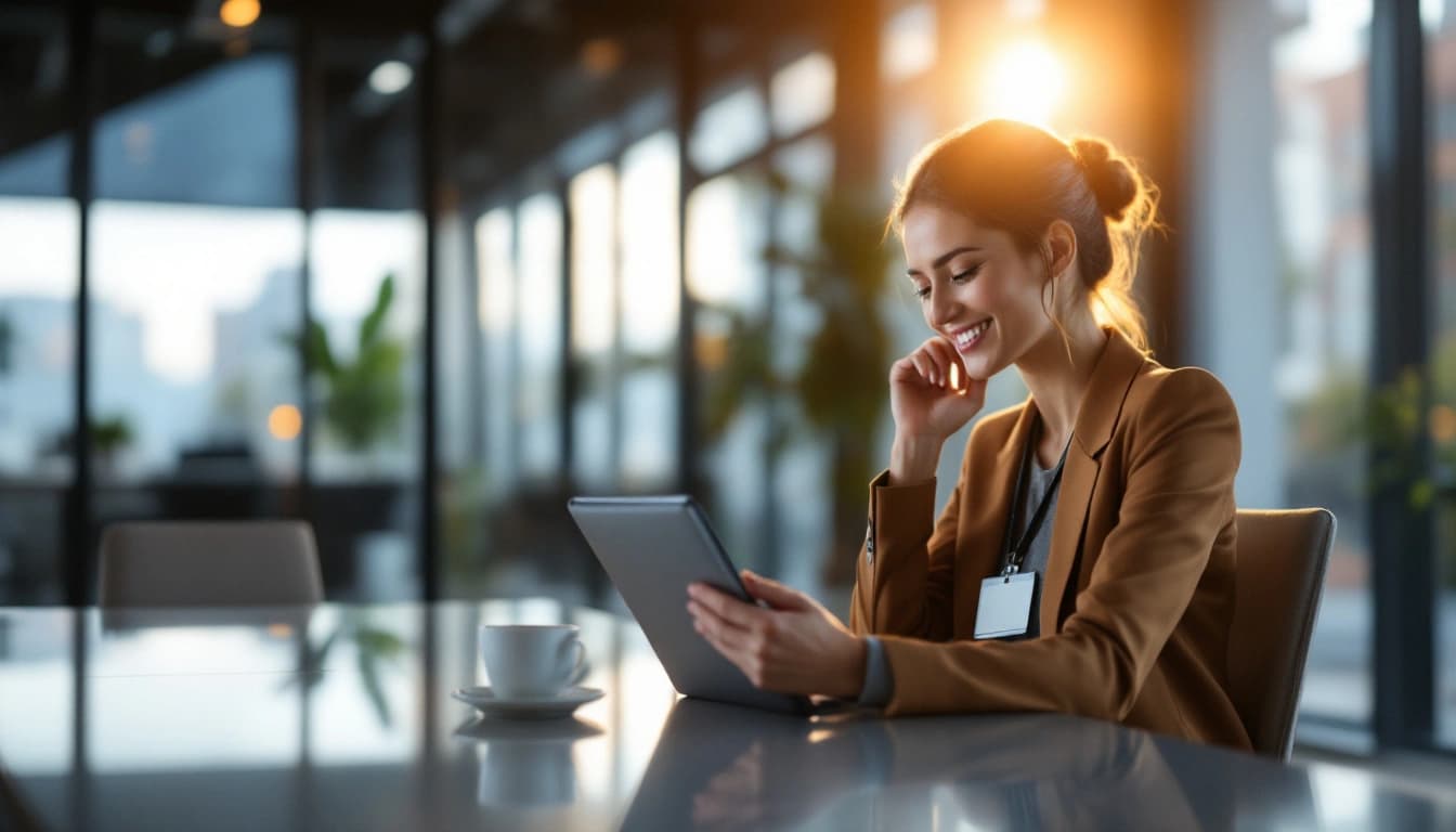 Convite corporativo digital exibido em um tablet sobre uma mesa de reunião, com xícara de café e crachá de evento ao lado