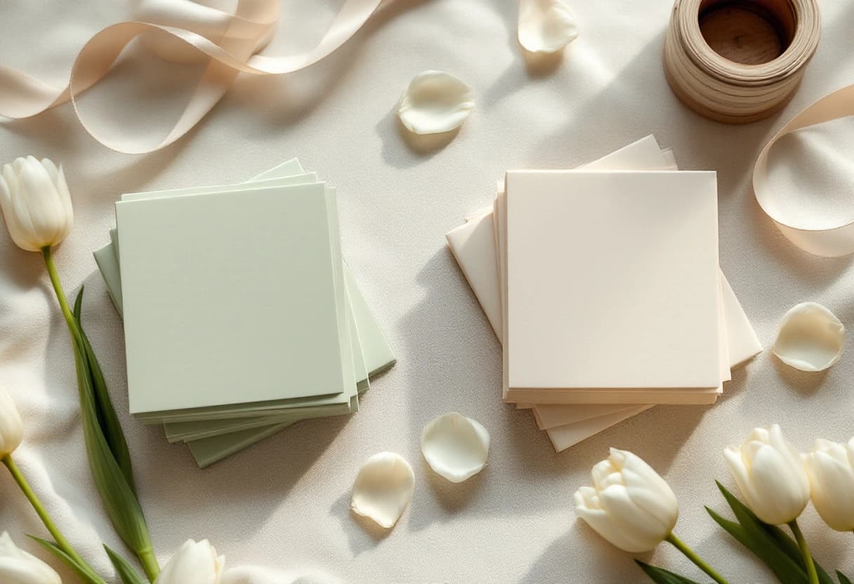 Twee stapels blanco kaarten met bijpassende enveloppen, een in saliegroen en een in crème, voor daggasten en avondgasten