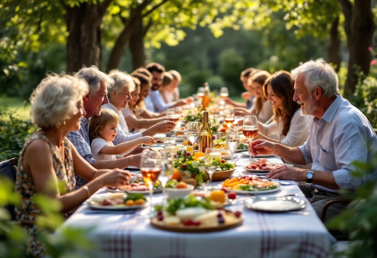Long déjeuner d'anniversaire des 60 ans dans un jardin, avec trois générations réunies autour d'une grande table