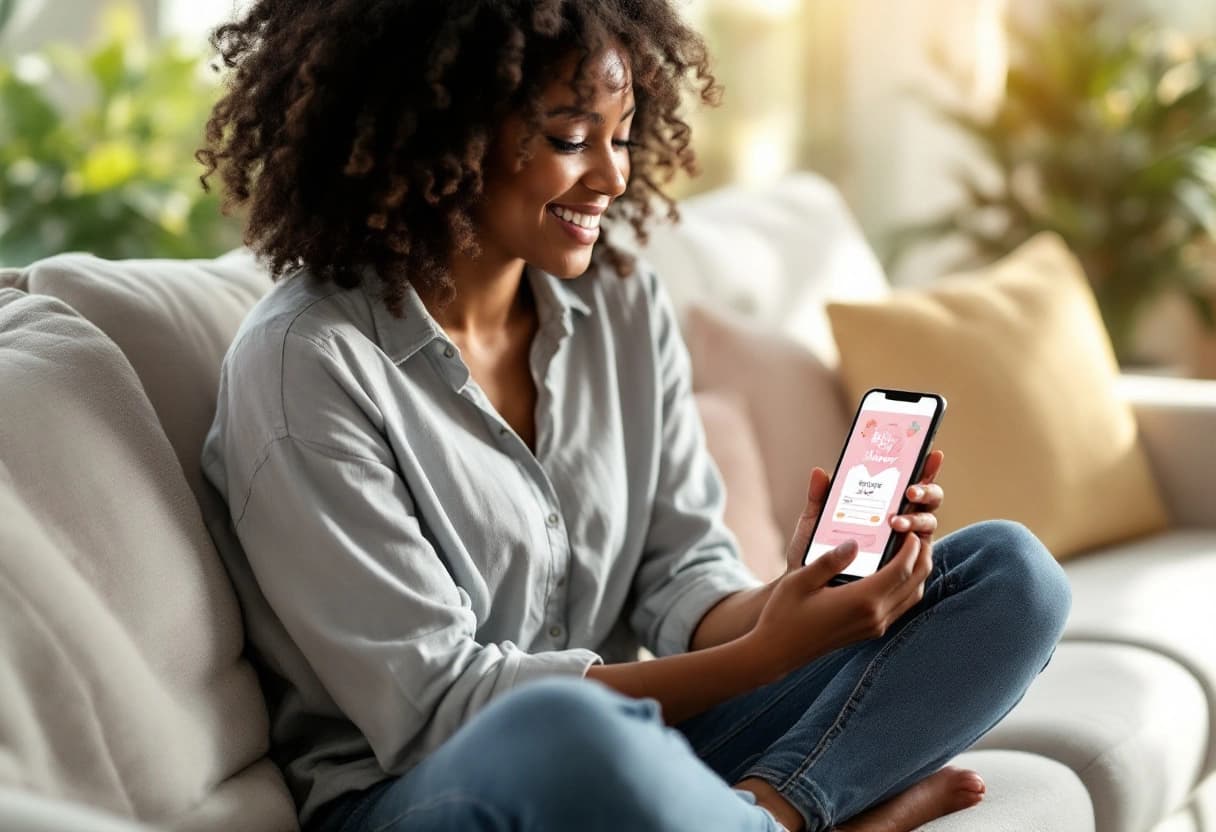 Guest opening a digital baby shower invitation and RSVP page on her phone at home