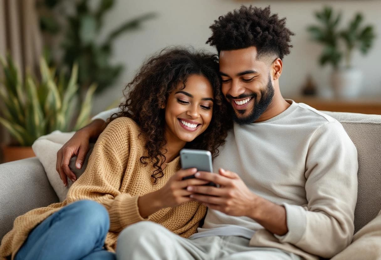 Couple reviewing digital save the date on a phone together