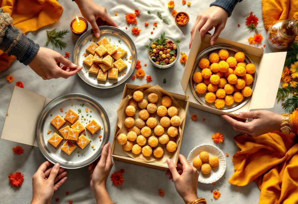 Boxes of Indian sweets, kaju katli and ladoos, on a table with lit diyas and marigolds before a Diwali gathering