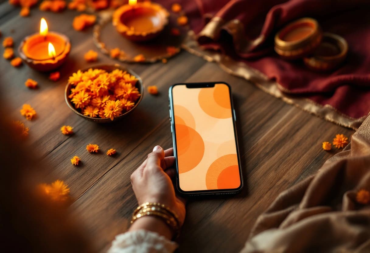 A phone showing a Diwali invitation, resting on a festive table with lit diyas and marigold flowers