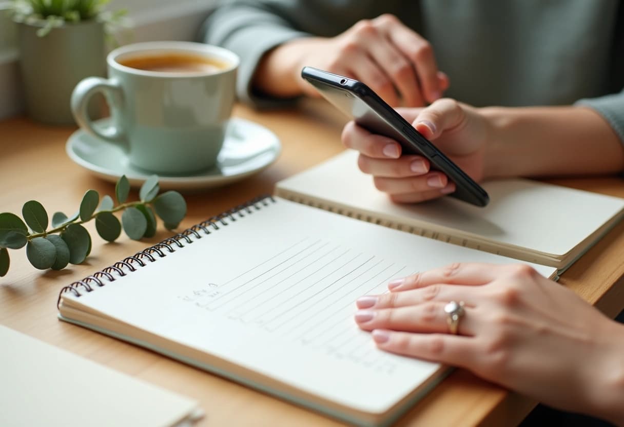 Newly engaged couple's hands with a ring, a phone and a short handwritten list on a kitchen counter