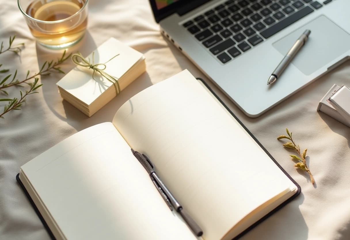 Overhead flat lay of a notebook with budget and guest columns, a laptop and blank cards