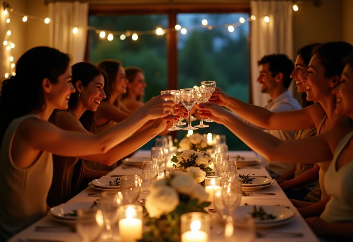 Small engagement celebration with friends and family raising glasses around a candlelit table