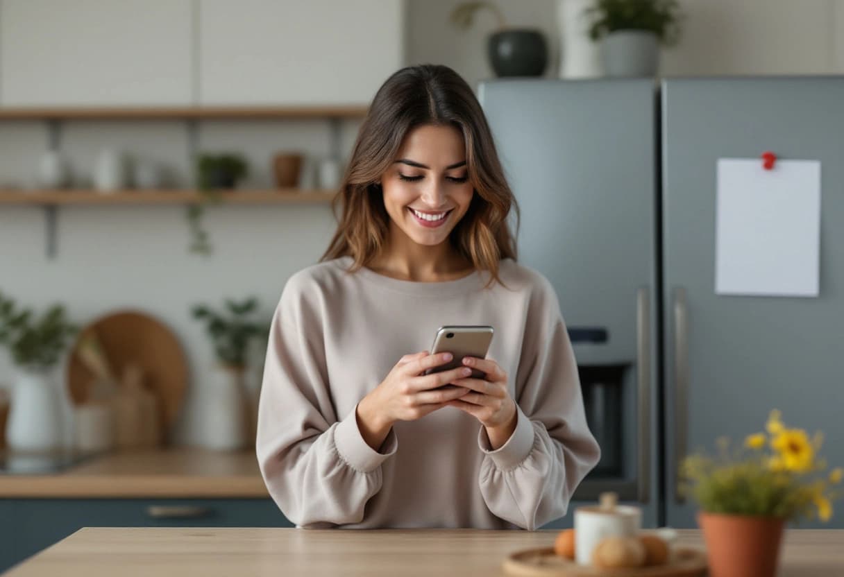 Frau lächelt in der Küche über eine Nachricht auf dem Smartphone, am Kühlschrank hängt eine Hochzeitseinladung