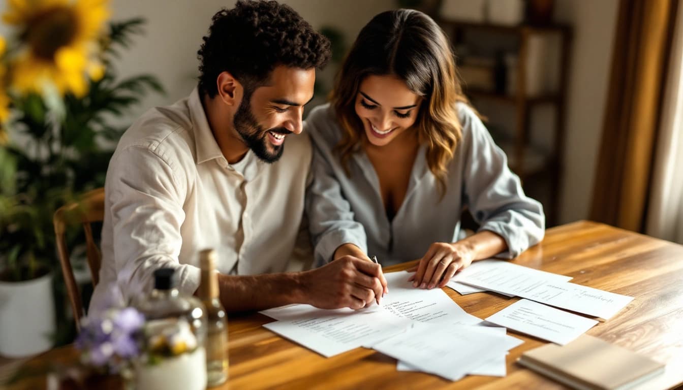 Casal revisando a lista de convidados do casamento com convites e anotações sobre a mesa