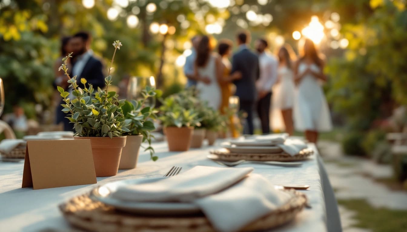 Sustainable event table with QR code place card and guests arriving at an open-air venue at golden hour