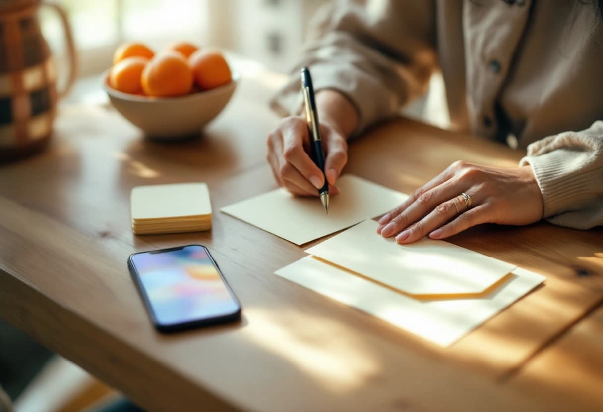 Femme écrivant une adresse sur une enveloppe vierge avec un stylo plume, à côté d'un smartphone et de cartes vierges